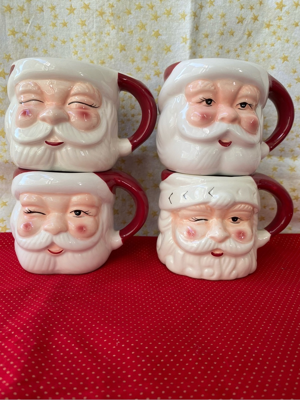 Pottery Barn Christmas Mugs. Fun Santas! Set of 4